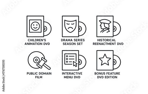 simple outline stroke icon isolated on white background children' animation DVD drama series season set historical reenactment DVD public domain film disc interactive menu DVD bonus feature