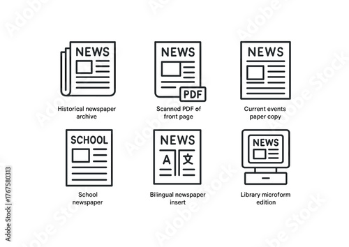 simple outline stroke icon isolated on white background historical newspaper archive scanned of front page current events paper copy school newspaper issue bilingual newspaper insert