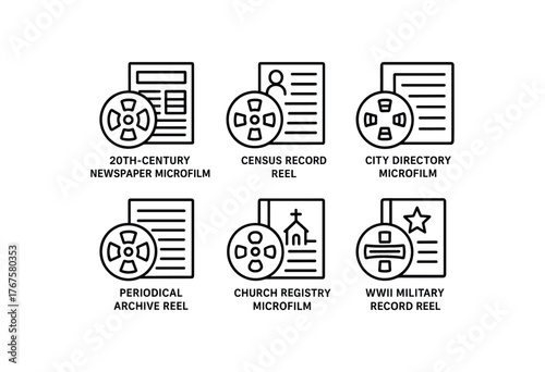 simple outline stroke icon isolated on white background 20th century newspaper microfilm census record reel city directory microfilm periodical archive reel church registry microfilm WWII
