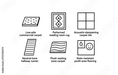 simple outline stroke icon isolated on white background Library Infrastructure low pile commercial carpet patterned reading room rug acoustic dampening carpet tile neutral tone hallway