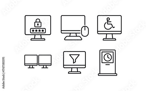 simple outline stroke icon isolated on white background password protected login desk mouse pad enabled station wheelchair accessible PC point dual monitor setup filtered internet station