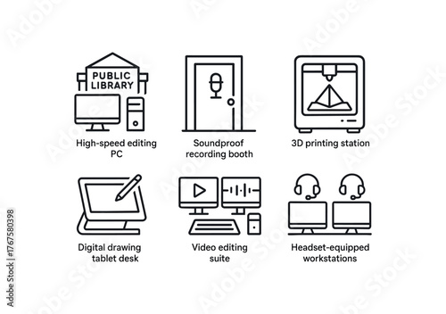 simple outline stroke icon isolated on white background Public Library high speed editing PCs soundproof recording booth 3D printing station digital drawing tablet desk video editing suite