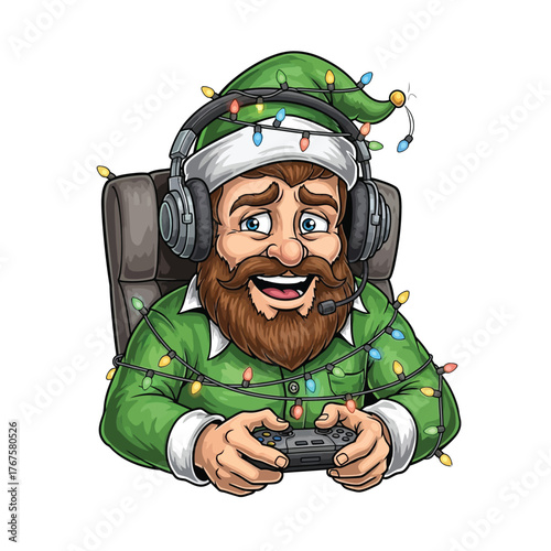 Hilarious gamer elf, wrapped in festive lights, playing video games this Christmas season, complete with gaming headset and controller for holiday fun