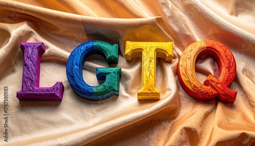 Colorful LGBTQ Letters on Shimmering Golden Fabric A Symbol of Pride and Inclusion Celebrating Diversity and Equality in Studio Lighting