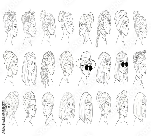 A diverse collection of womens hairstyles is showcased in this line art illustration, isolated on white background, featuring various cuts, updos, and head coverings, each rendered with delicate 