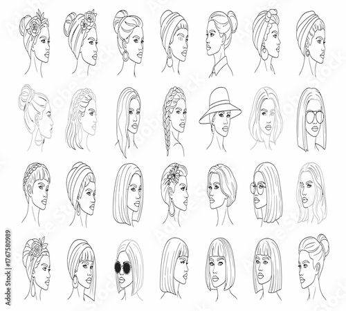 A diverse collection of womens hairstyles is showcased in this line art illustration, isolated on white background, featuring various cuts, updos, and head coverings, each rendered with delicate 