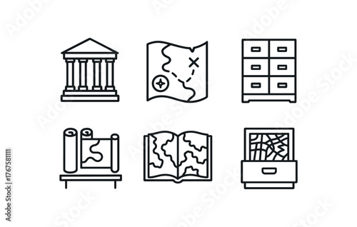 simple outline stroke icon isolated on white background National Library hand drawn exploration map drawer colonial boundary chart cabinet nautical navigation chart shelf topographic