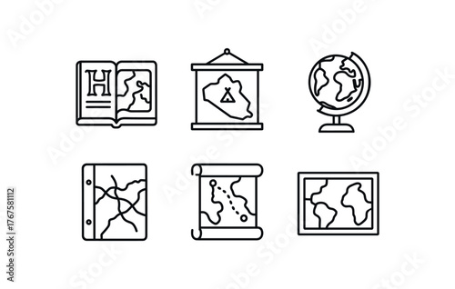 simple outline stroke icon isolated on white background illuminated manuscript map case indigenous territory map antique globe archive war era trench map binder parchment trade route scroll