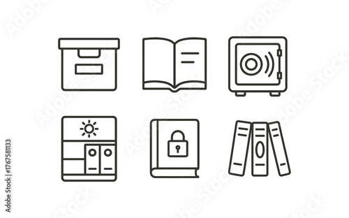 simple outline stroke icon isolated on white background gilded edge archive box parchment codex enclosure high security RFID vault UV protected shelving restricted access logbook embossed