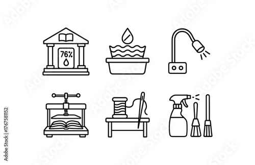 simple outline stroke icon isolated on white background National Library humidity monitor station acid neutralizing paper treatment tray fiber optic inspection lamp document flattening