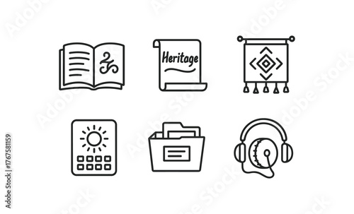 simple outline stroke icon isolated on white background handwritten folklore manuscript heritage language inscription ritual textile hanging ancestral calendar plaque community memory