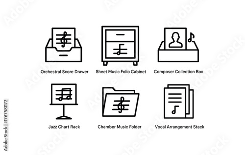simple outline stroke icon isolated on white background orchestral score drawer sheet music folio cabinet composer collection box jazz chart rack chamber music folder vocal arrangement stack
