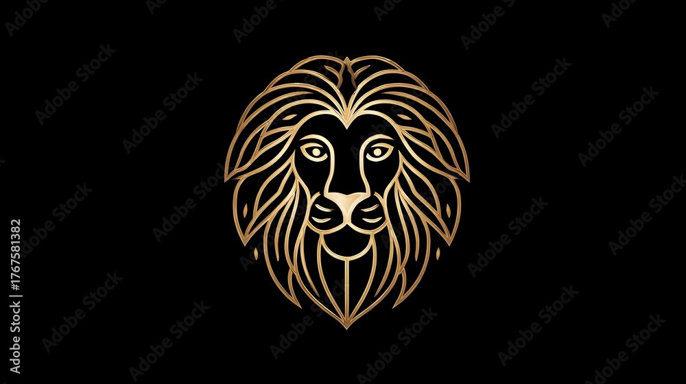 Fototapeta premium Luxury lion head logo in golden lines on a black background. Concept: power, prestige, leadership, and premium identity. used for luxury fashion brands, jewelry, elite services, high-end branding.