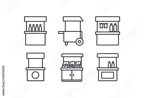 simple outline stroke icon isolated on white background built refreshment bar fold mobile merch + snack dual unit branded service stand acrylic candy bin station compact beverage booth