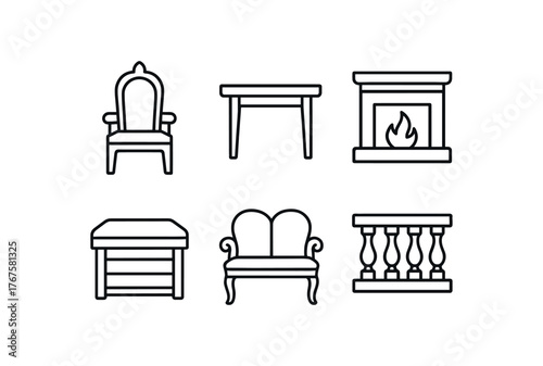 simple outline stroke icon isolated on white background period throne chair dining table prop faux fireplace unit wooden crate Victorian parlor bench balcony railing piece
