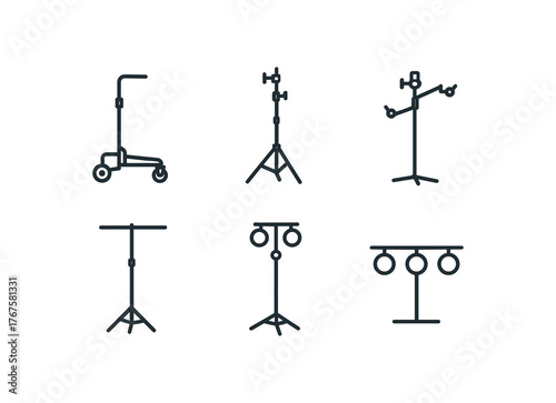simple outline stroke icon isolated on white background portable rig with wheels adjustable stand cluster multi rig pole T bar overhead rig quick mount light tree backstage light bar