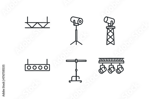 simple outline stroke icon isolated on white background ceiling truss system floor mounted lighting stand followspot tower grid mounted LED bar boom pipe rig catwalk mounted fixture rack