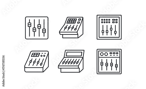 simple outline stroke icon isolated on white background digital fader station freestanding sound desk built booth board compact PA mixer desk front of house control bench dual tier effects