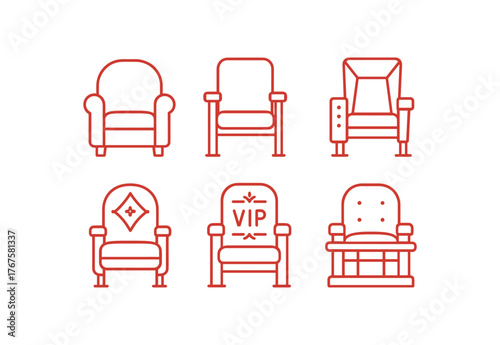 simple outline stroke icon isolated on white background red plush armchair fold up velvet aisle premium chair embroidered backrest gold trimmed VIP cushioned balcony chair