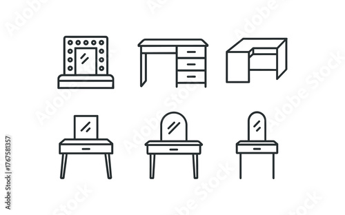 simple outline stroke icon isolated on white background lighted mirror vanity three drawer makeup table corner L shaped station mirrored top table compact dressing console standing mirror