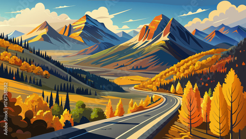 Very beautiful, scenic image along Highway 12 (Kebler Pass) near Crested Butte, Colorado, showcasing golden aspen trees, mountain landscape, winding road, and breathtaking autumn colors in the Rocky 
