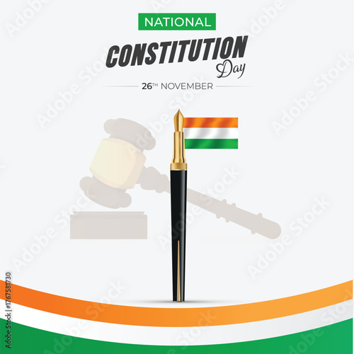 Minimalist Indian Constitution Day Concept with Fountain Pen, Gavel, and Tricolor Flag for Samvidhan Diwas
