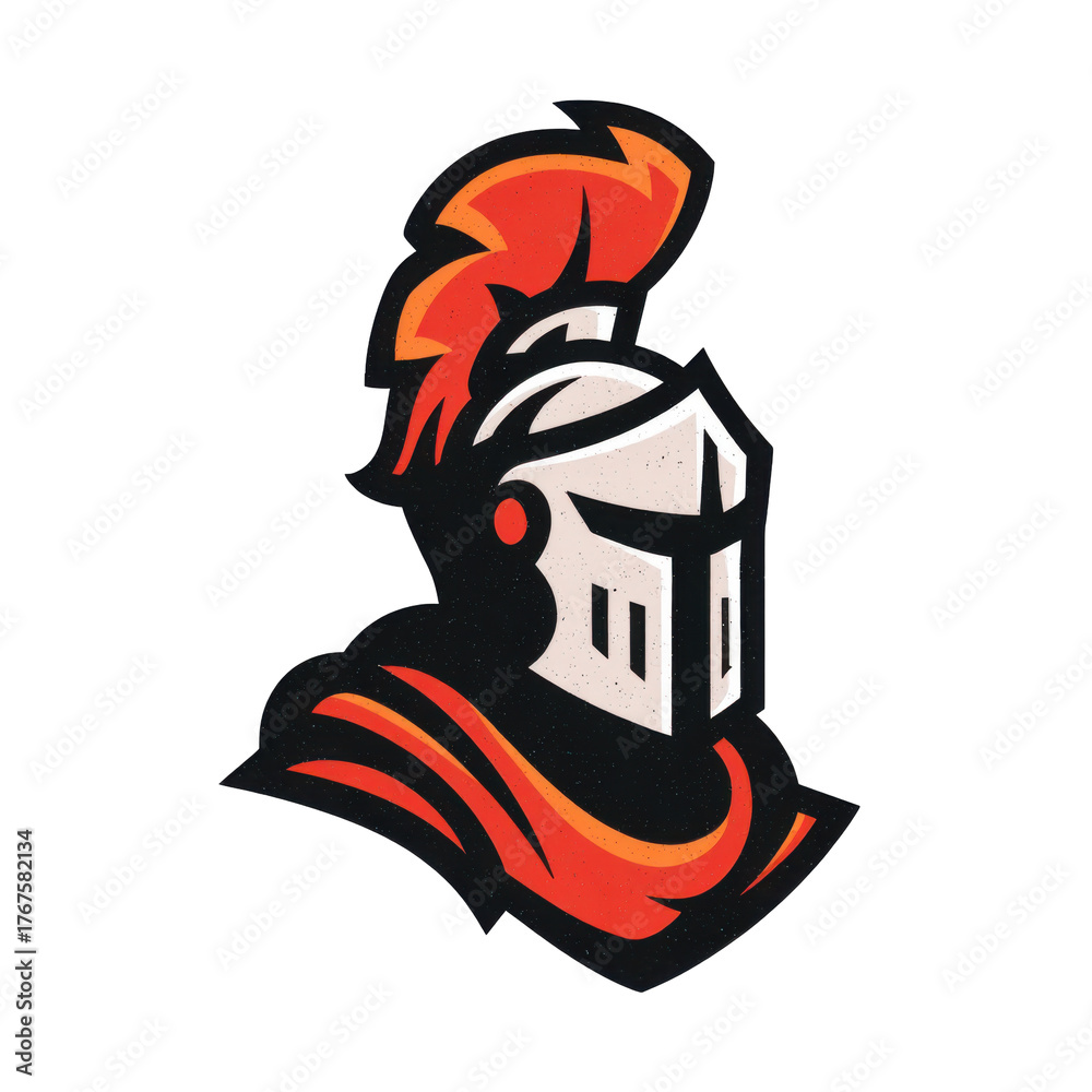 Fototapeta premium A stylized illustration of a knight's helmet with a red plume, in profile, with orange and white accents.