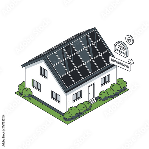 A residential building powered by solar energy, showcasing sustainable living and reduced electricity bills in a clean line art illustration