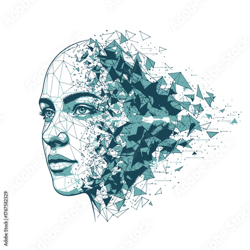 Futuristic digital portrait illustrating a woman's profile merging with abstract geometric fragments, symbolizing artificial intelligence, data dissolution, and technological evolution