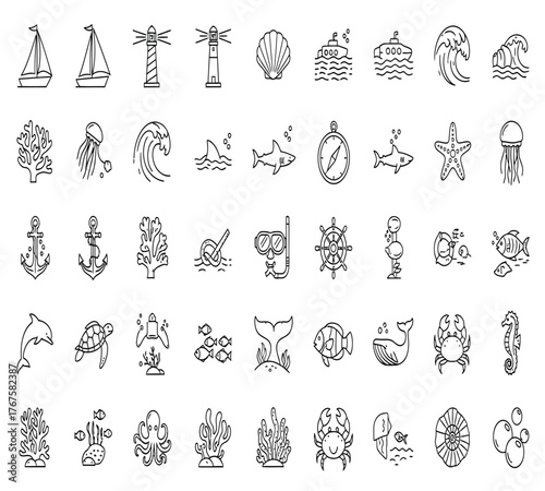 Collection of nautical icons isolated on white background, featuring various searelated elements such as boats, sea creatures, and navigational tools, all rendered in a clean, minimalist line art 