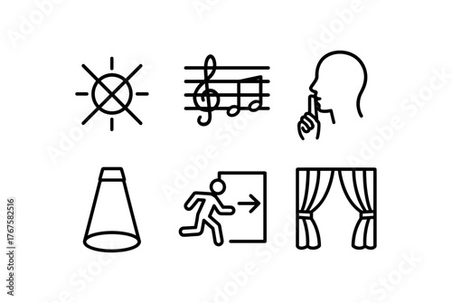 simple outline stroke icon isolated on white background blackout moment musical cue finale line delivered silence spotlight fade stage exit freeze curtain close