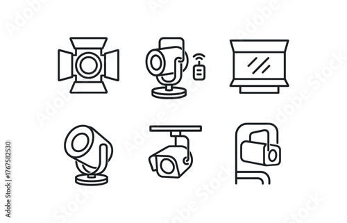 simple outline stroke icon isolated on white background barn door spotlight remote controlled spotlight cyclorama floodlight arc spotlight overhead tracking spotlight balcony mounted