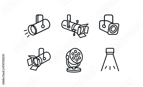 simple outline stroke icon isolated on white background followspot spotlight LED profile spotlight Fresnel spotlight ellipsoidal reflector spotlight color changing spotlight top down beam