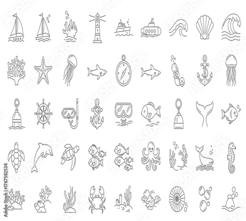 Collection of nautical icons isolated on white background, featuring various searelated elements such as boats, sea creatures, and navigational tools, all rendered in a clean, minimalist line art 