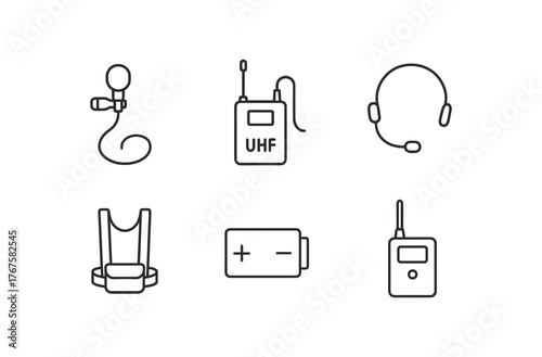 simple outline stroke icon isolated on white background directional lapel mic UHF mic pack omni directional headset actor mic harness rechargeable battery pack antenna sync transmitter