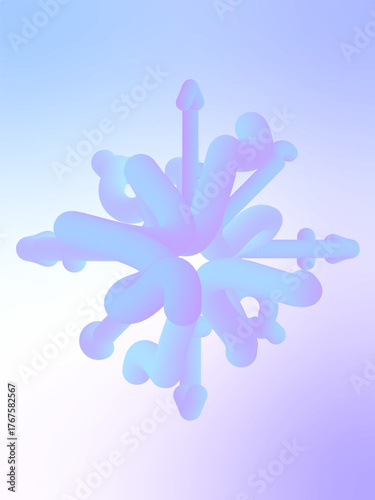 A 3D fluid blue-purple shape resembling a snowflake or a fantasy flower with symbols of male (arrows) and female (circle) genders against the hologram silver-blue-purple gradient; vector illustration