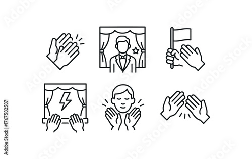 simple outline stroke icon isolated on white background scene transition clapping lead actor recognition mid performance cheer final act thunderclap emotional response applause synchronized
