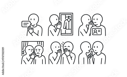 simple outline stroke icon isolated on white background program comment whispers wardrobe critique murmur actor ID talk emotional scene whisper laugh suppressed talk cue anticipation whisper