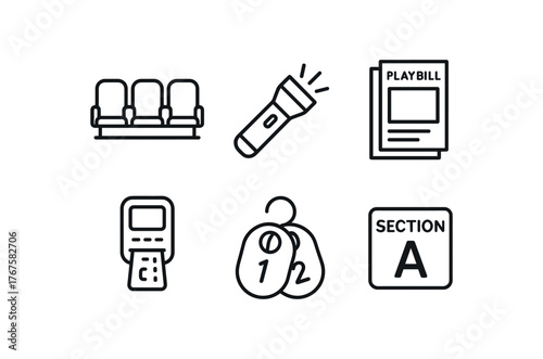 simple outline stroke icon isolated on white background row map flashlight baton playbill stack ticket scanner device coat check tags section label badge