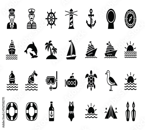 Collection of maritime icons isolated on white background, featuring various searelated elements such as boats, sea creatures, and navigational tools, all rendered in a bold, silhouette style