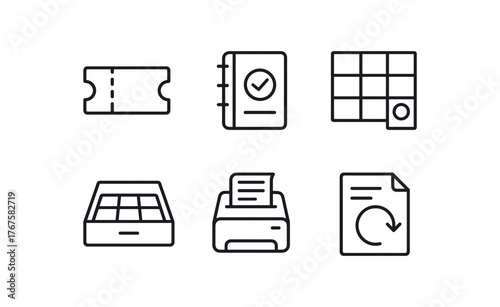 simple outline stroke icon isolated on white background ticket stub roll reservation logbook seating chart drawer cash tray receipt printer refund policy sheet