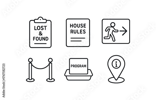 simple outline stroke icon isolated on white background lost & found clipboard house rules card emergency path sign lobby queue rope program tray visitor assistance pin