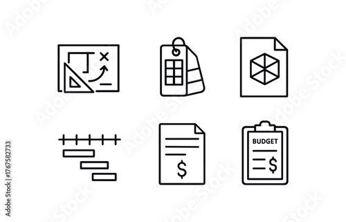 simple outline stroke icon isolated on white background backdrop draft prop placement map texture swatch binder 3D CAD file printout fabrication timeline chart scenic budget sheet