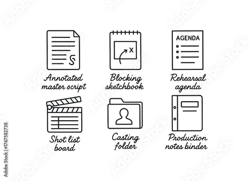 simple outline stroke icon isolated on white background annotated master script blocking sketchbook rehearsal agenda planner shot list board casting folder production notes binder