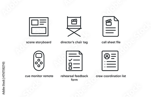 simple outline stroke icon isolated on white background scene storyboard director chair tag call sheet file cue monitor remote rehearsal feedback form crew coordination list