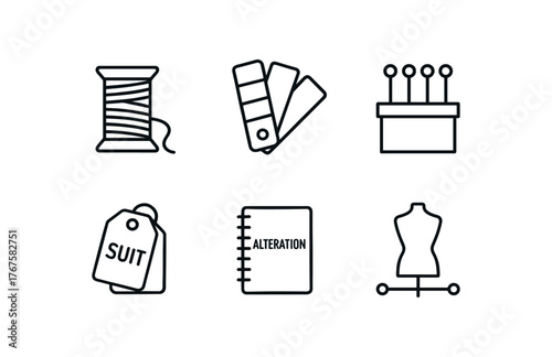 simple outline stroke icon isolated on white background thread spool set color palette board fitting pins box costume tag stack alteration notebook dressing timeline