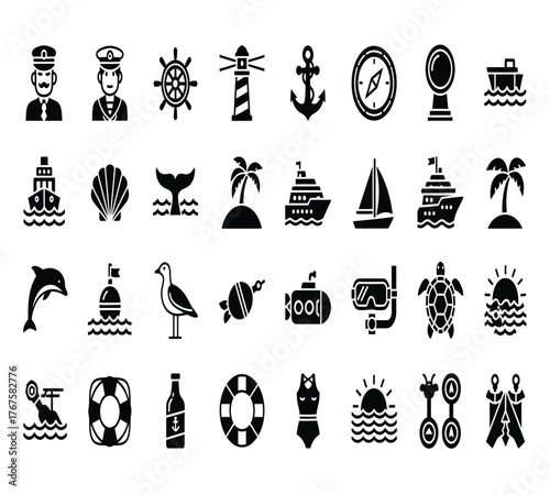 Collection of maritime icons isolated on white background, featuring various searelated elements such as boats, sea creatures, and navigational tools, all rendered in a bold, silhouette style