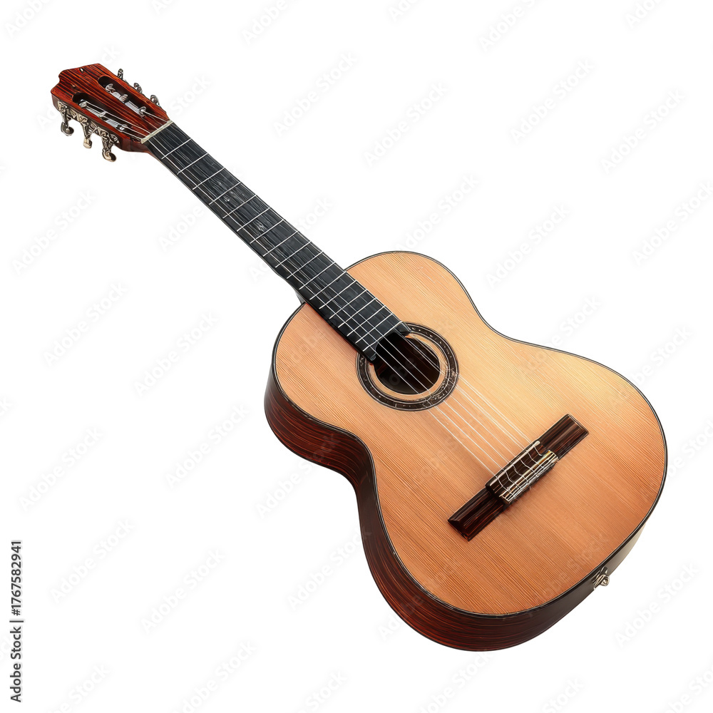 Fototapeta premium Acoustic classical guitar with nylon strings, wooden body, and a detailed rosette design.