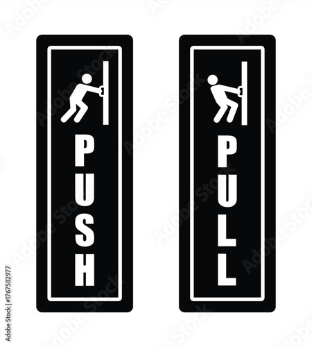 Push and Pull Door sign icon set. Push and Pull label, logo, badge, icons, sticker, emblem, stamp, symbol, black, line circle, flat vector, isolated illustration. Open and close door sign