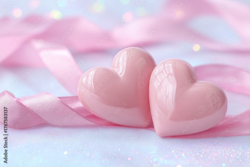Obraz premium Soft Pink Hearts With Ribbon Create a Romantic Atmosphere for Special Occasions and Celebrations